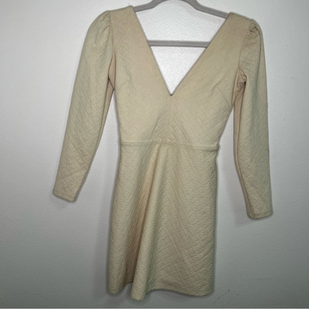 Cooperative textured cream deep v neck long sleeve dress